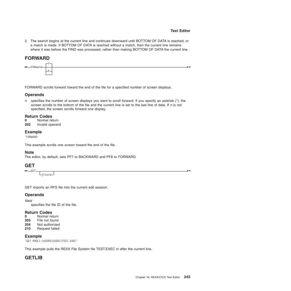 Forward, Operands, Return codes | Example, Note, Getlib, Forward get getlib | IBM SC34-5764-01 User Manual | Page 265 / 481