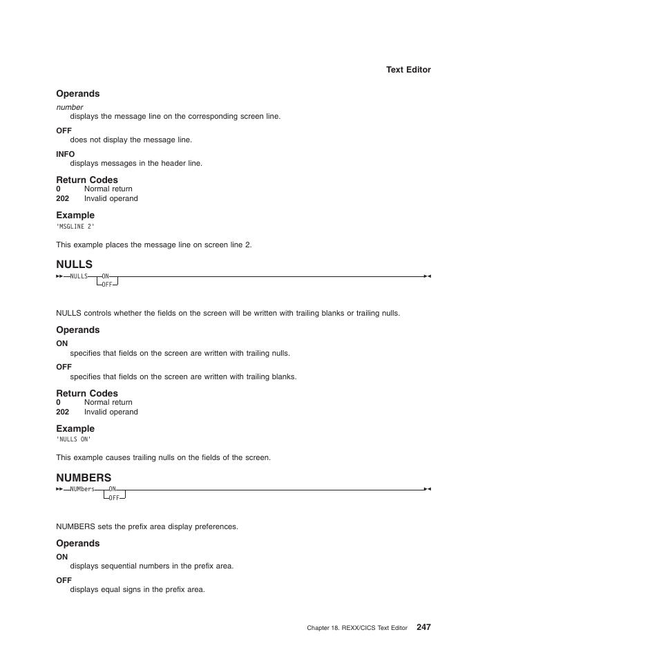 Operands, Return codes, Example | Nulls, Numbers, Nulls numbers | IBM SC34-5764-01 User Manual | Page 269 / 481