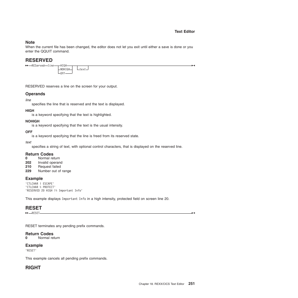 Note, Reserved, Operands | Return codes, Example, Reset, Right, Reserved reset right | IBM SC34-5764-01 User Manual | Page 273 / 481