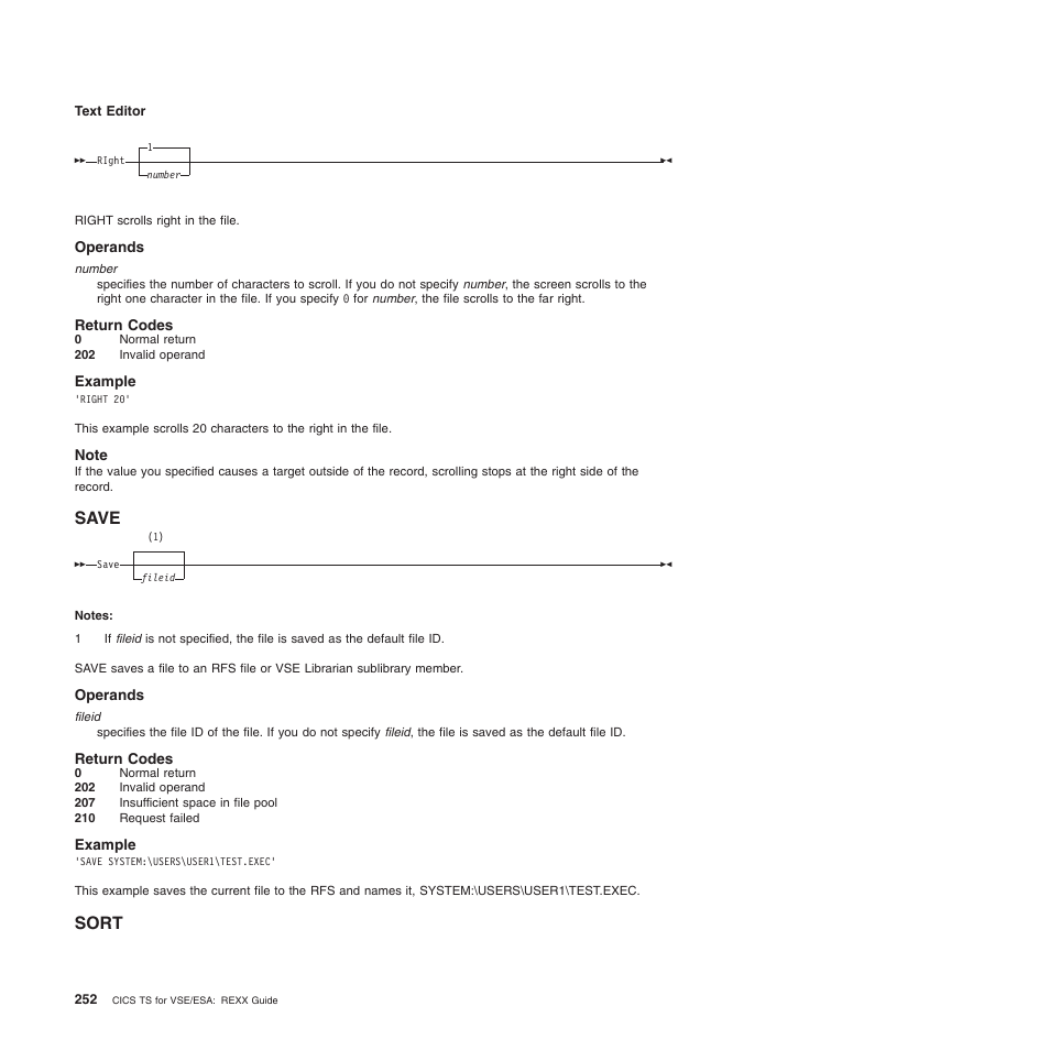 Operands, Return codes, Example | Note, Save, Sort, Save sort | IBM SC34-5764-01 User Manual | Page 274 / 481