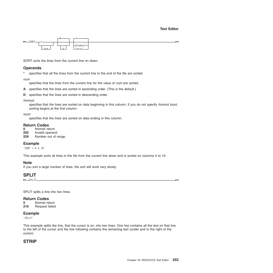 Operands, Return codes, Example | Note, Split, Strip, Split strip | IBM SC34-5764-01 User Manual | Page 275 / 481