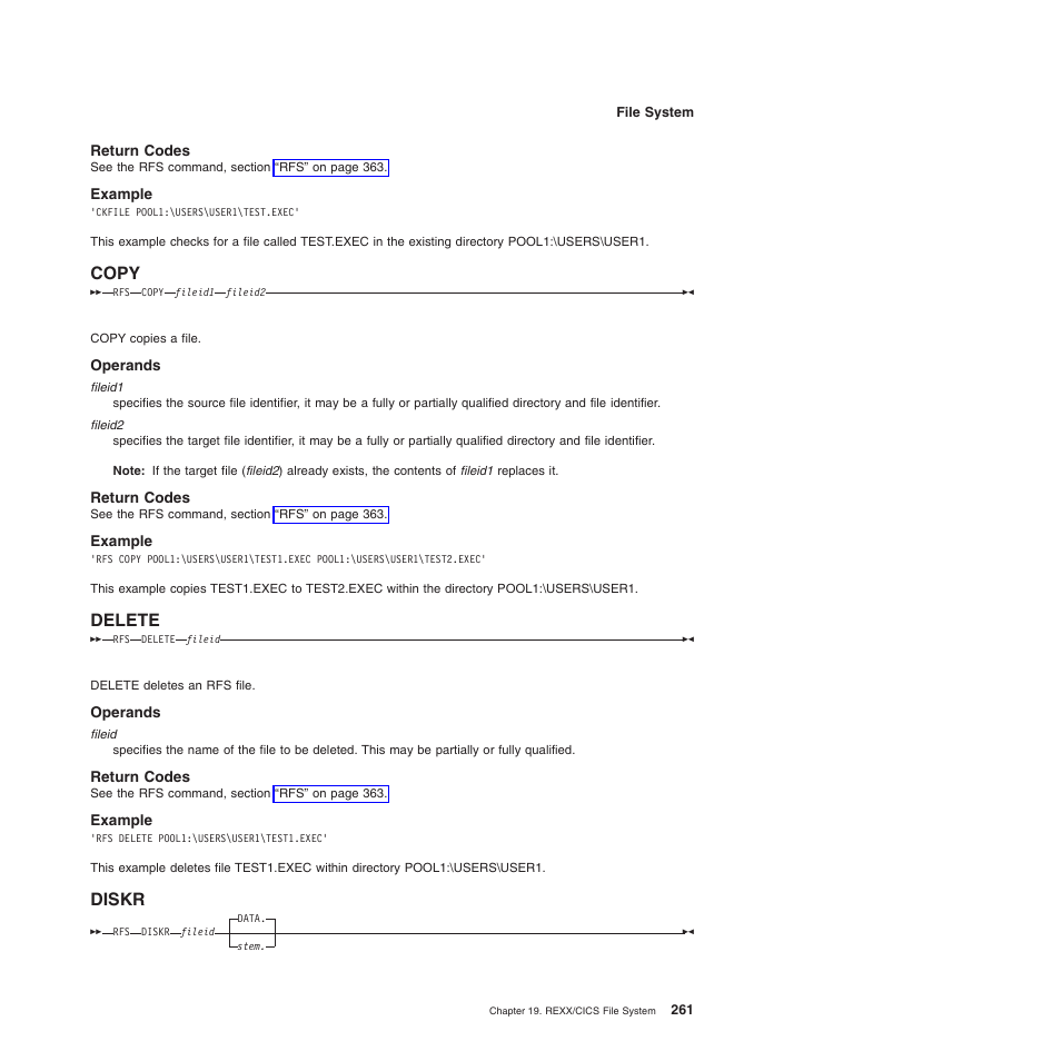 Return codes, Example, Copy | Operands, Delete, Diskr, Copy delete diskr | IBM SC34-5764-01 User Manual | Page 283 / 481