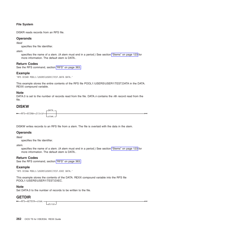 Operands, Return codes, Example | Note, Diskw, Getdir, Diskw getdir | IBM SC34-5764-01 User Manual | Page 284 / 481