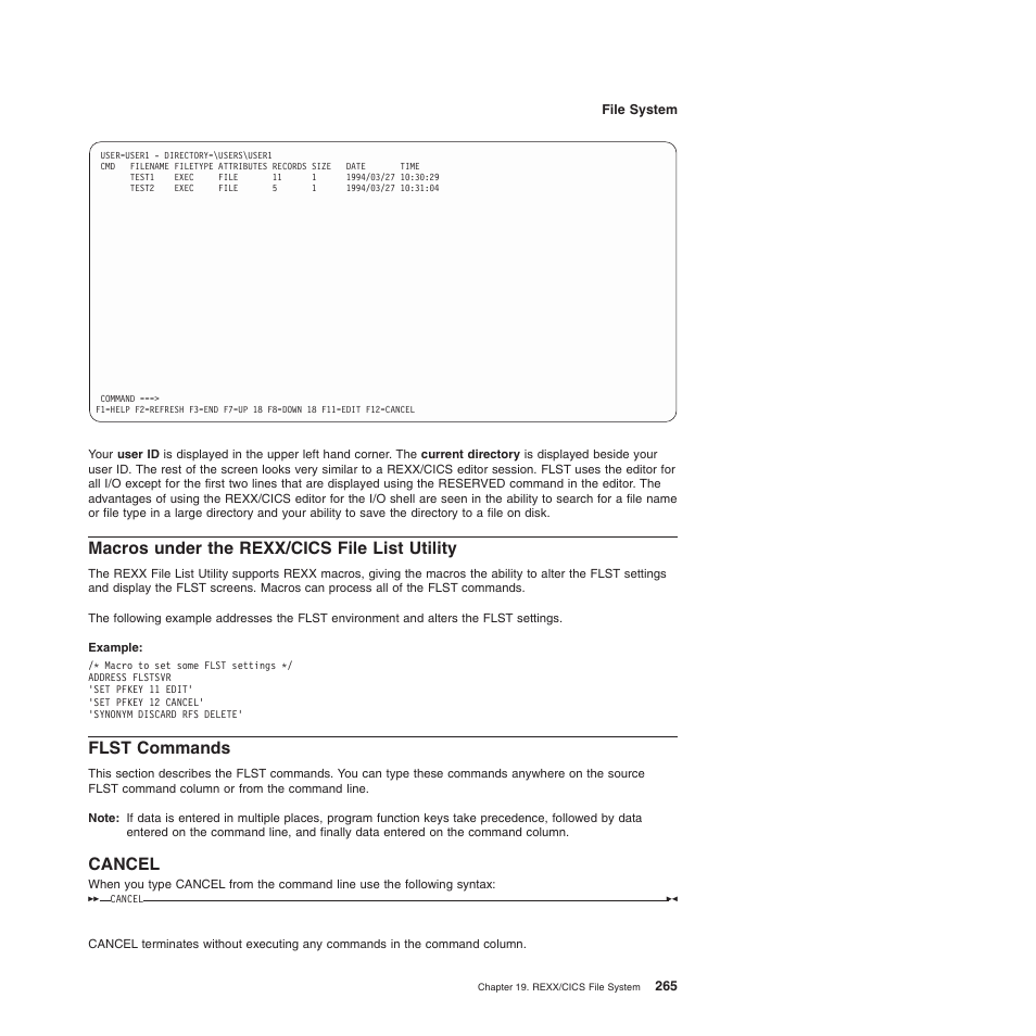 Macros under the rexx/cics file list utility, Flst commands, Cancel | IBM SC34-5764-01 User Manual | Page 287 / 481