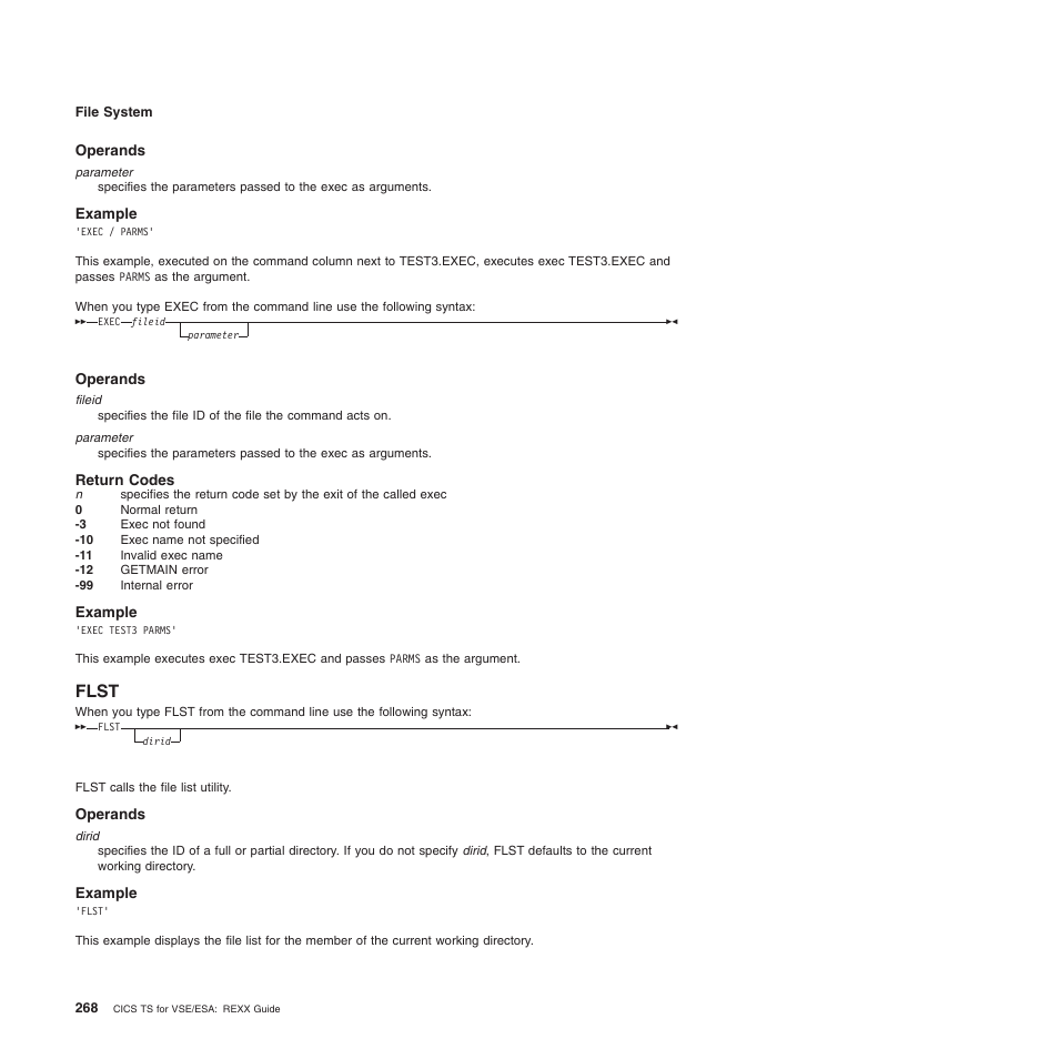 Operands, Example, Return codes | Flst | IBM SC34-5764-01 User Manual | Page 290 / 481