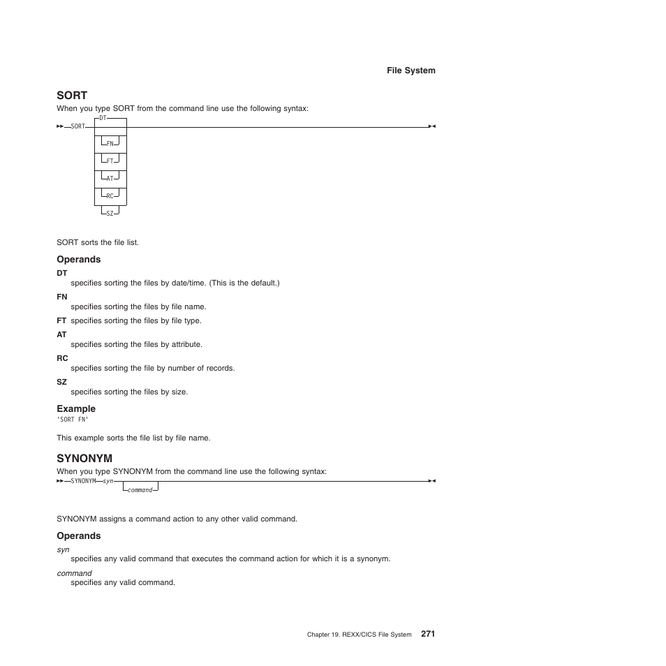 Sort, Operands, Example | Synonym, Sort synonym | IBM SC34-5764-01 User Manual | Page 293 / 481