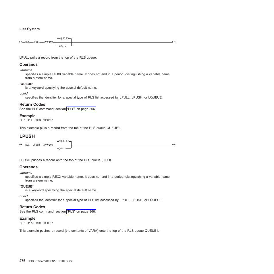 Operands, Return codes, Example | Lpush | IBM SC34-5764-01 User Manual | Page 298 / 481