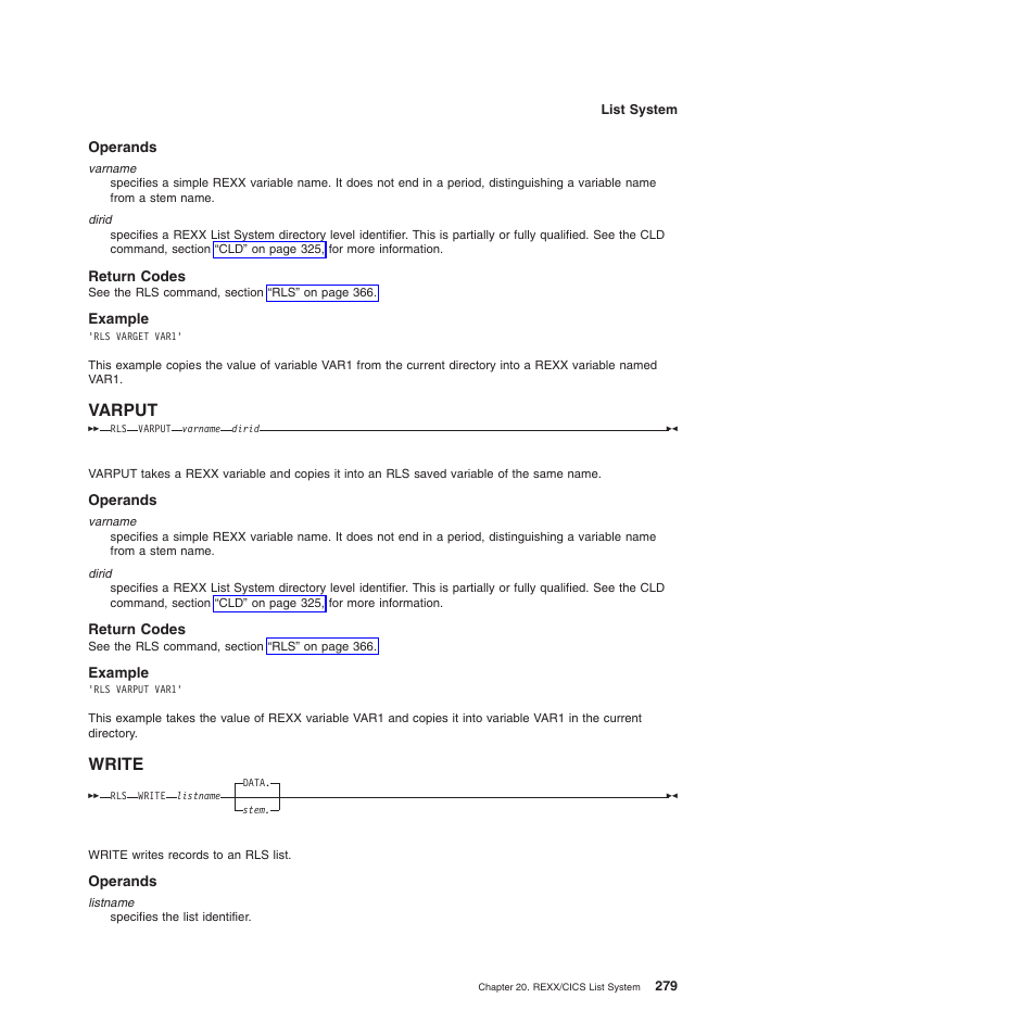 Operands, Return codes, Example | Varput, Write, Varput write | IBM SC34-5764-01 User Manual | Page 301 / 481