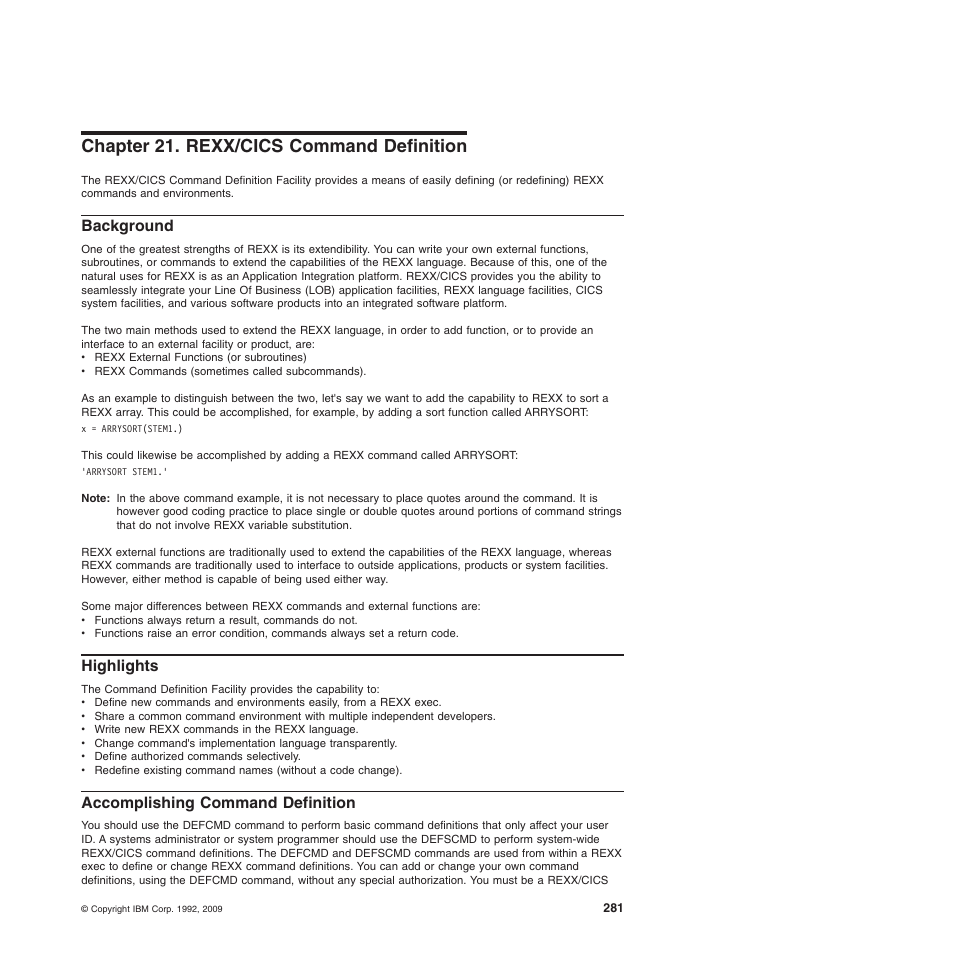 Chapter 21. rexx/cics command definition, Background, Highlights | Accomplishing command definition, Chapter 21, “rexx/cics command definition | IBM SC34-5764-01 User Manual | Page 303 / 481
