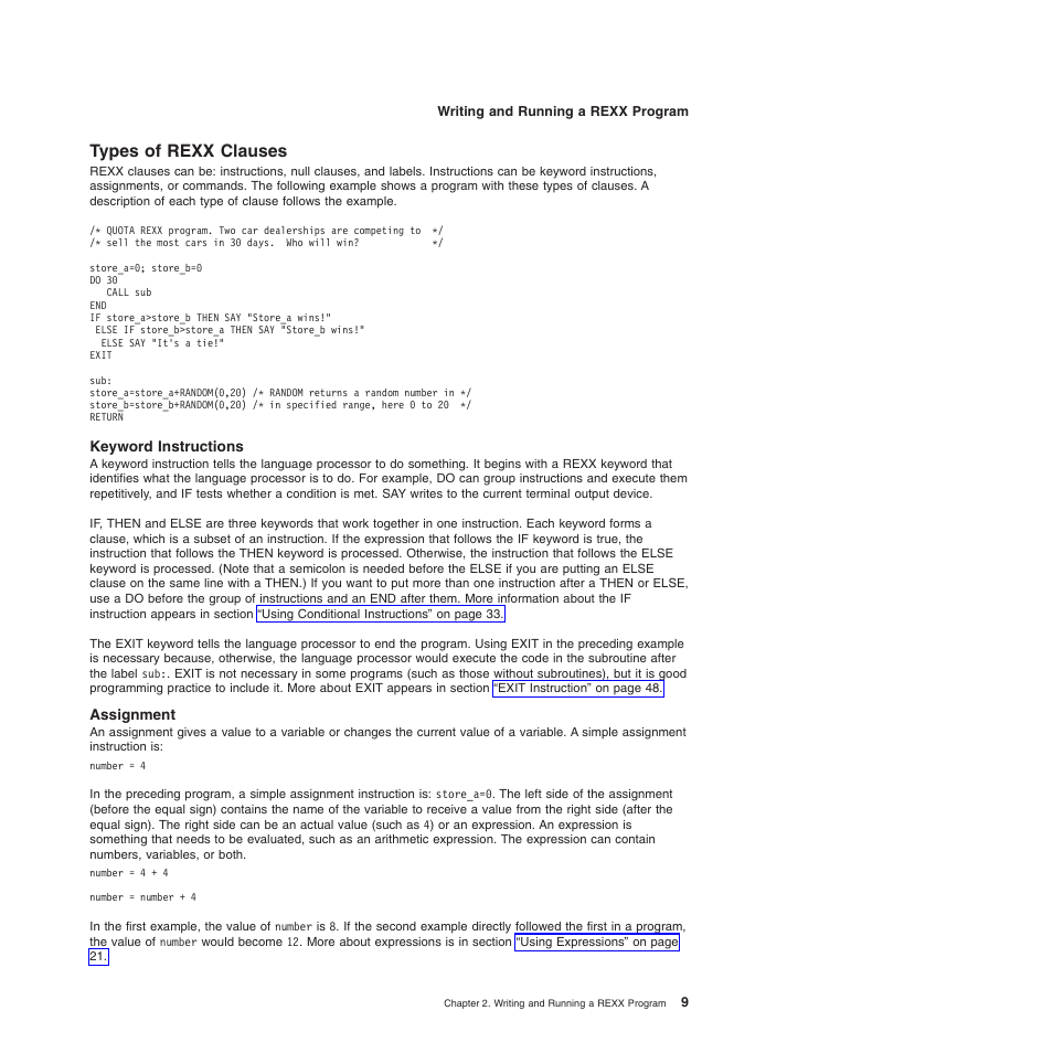 Types of rexx clauses, Keyword instructions, Assignment | IBM SC34-5764-01 User Manual | Page 31 / 481