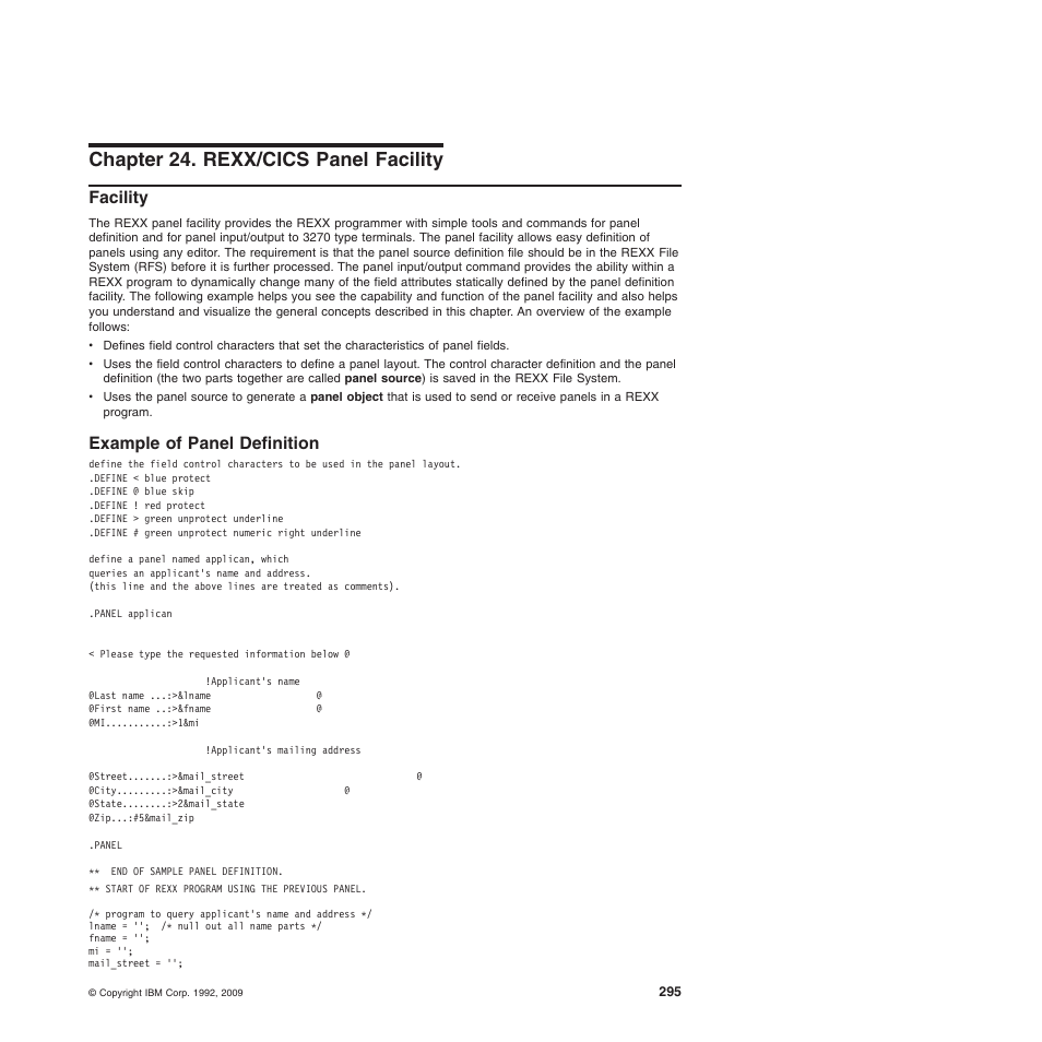 Chapter 24. rexx/cics panel facility, Facility, Example of panel definition | Chapter 24, “rexx/cics panel facility | IBM SC34-5764-01 User Manual | Page 317 / 481