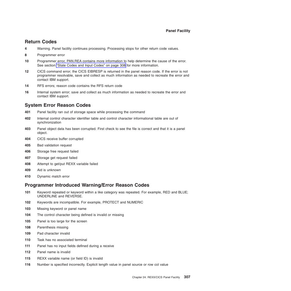 Return codes, System error reason codes, Programmer introduced warning/error reason codes | IBM SC34-5764-01 User Manual | Page 329 / 481