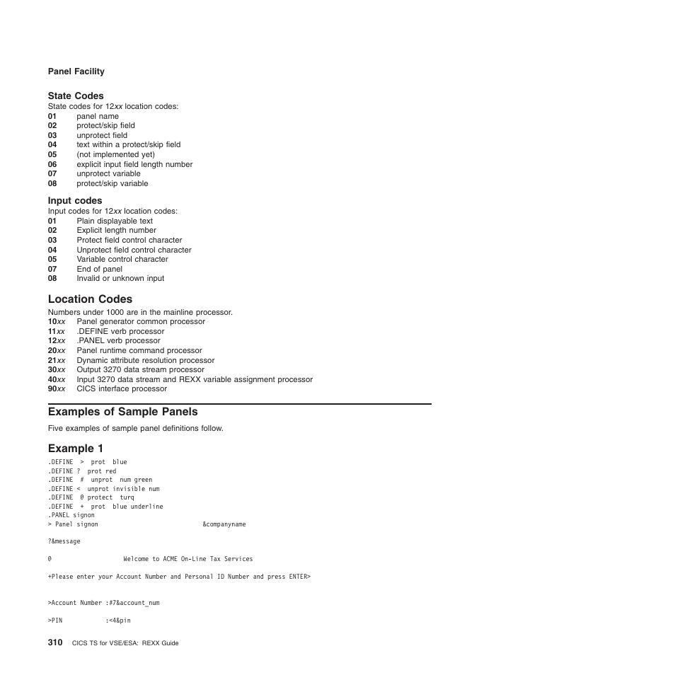 State codes, Input codes, Location codes | Examples of sample panels, Example 1 | IBM SC34-5764-01 User Manual | Page 332 / 481