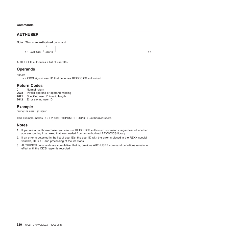 Authuser, Operands, Return codes | Example, Notes, Operands return codes example notes | IBM SC34-5764-01 User Manual | Page 342 / 481