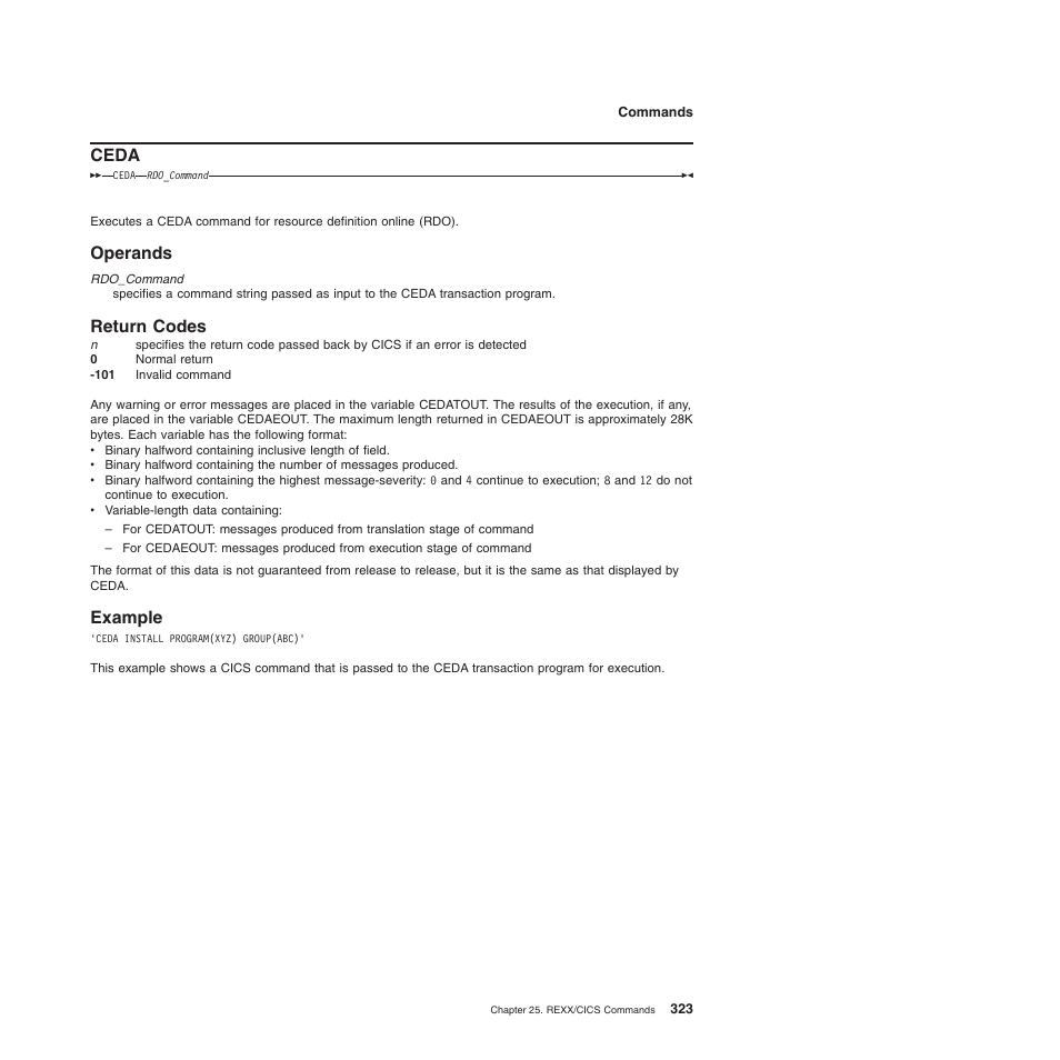 Ceda, Operands, Return codes | Example, Operands return codes example | IBM SC34-5764-01 User Manual | Page 345 / 481