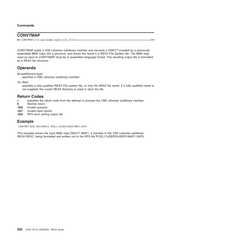 Convtmap, Operands, Return codes | Example, Operands return codes example | IBM SC34-5764-01 User Manual | Page 348 / 481