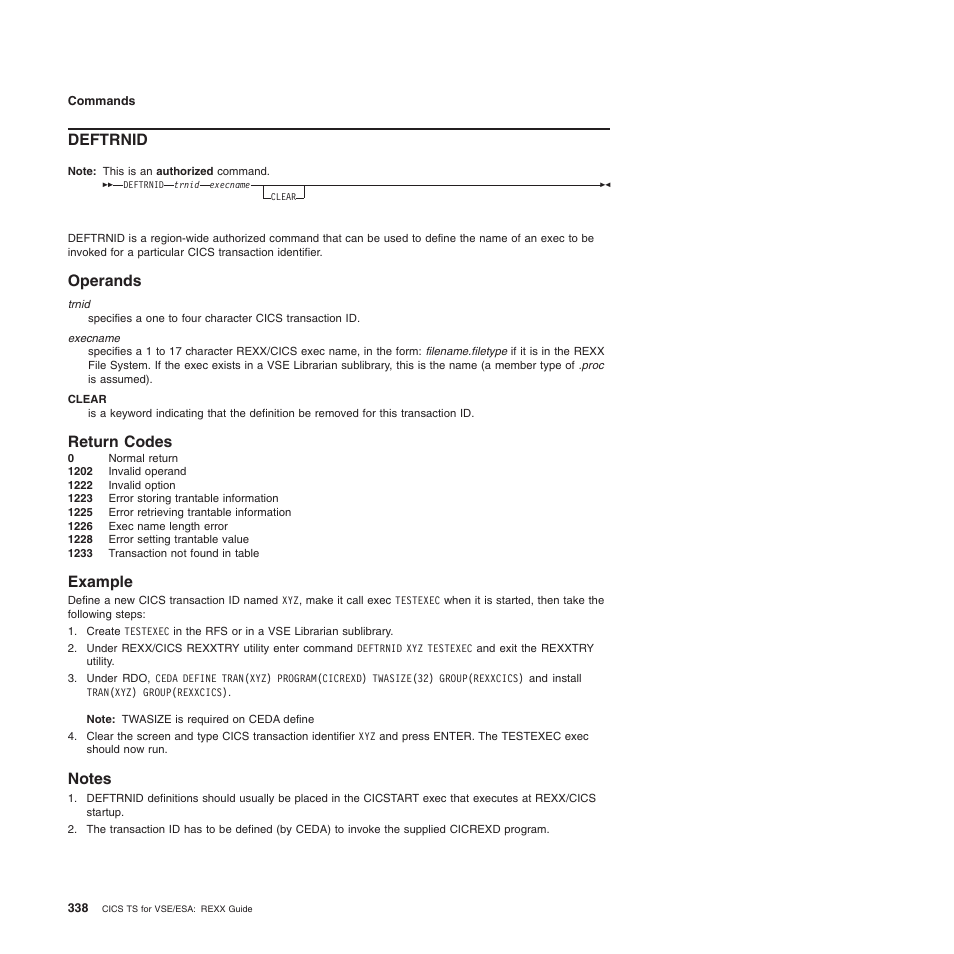 Deftrnid, Operands, Return codes | Example, Notes, Operands return codes example notes | IBM SC34-5764-01 User Manual | Page 360 / 481