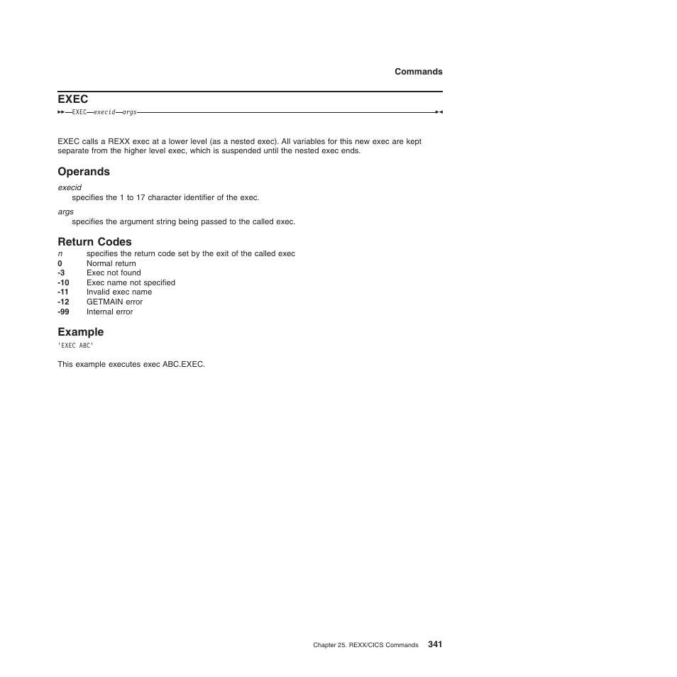 Exec, Operands, Return codes | Example, Operands return codes example | IBM SC34-5764-01 User Manual | Page 363 / 481