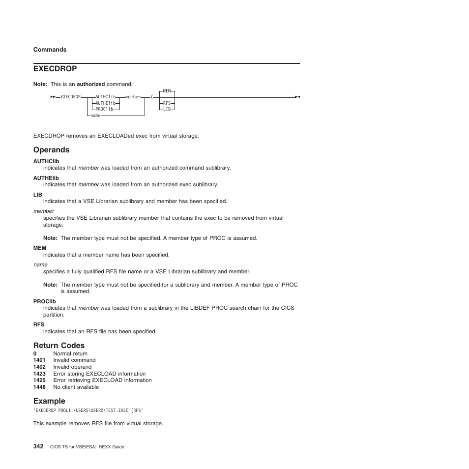 Execdrop, Operands, Return codes | Example, Operands return codes example | IBM SC34-5764-01 User Manual | Page 364 / 481