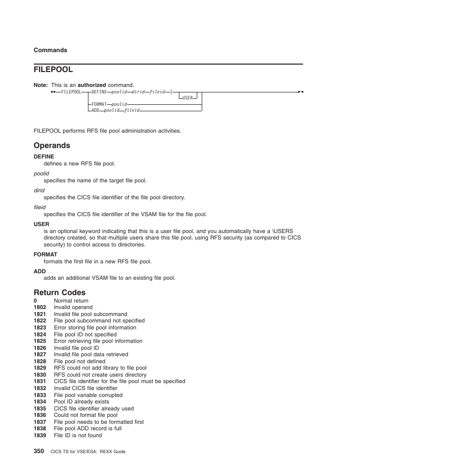 Filepool, Operands, Return codes | IBM SC34-5764-01 User Manual | Page 372 / 481