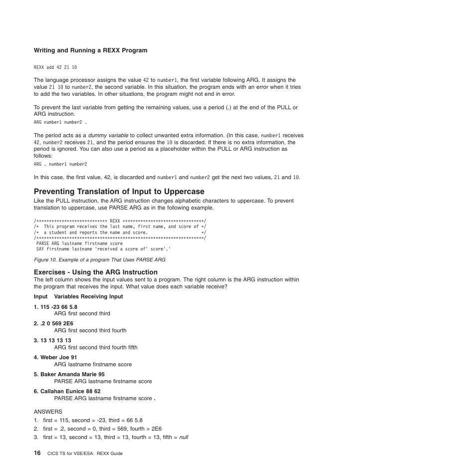 Preventing translation of input to uppercase, Exercises - using the arg instruction | IBM SC34-5764-01 User Manual | Page 38 / 481