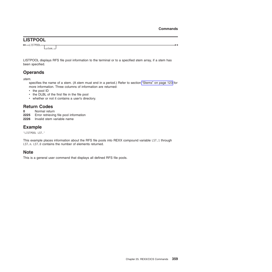 Listpool, Operands, Return codes | Example, Note, Operands return codes example note | IBM SC34-5764-01 User Manual | Page 381 / 481