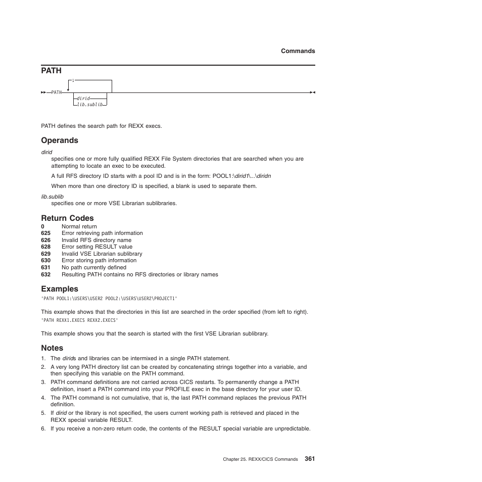 Path, Operands, Return codes | Examples, Notes, Operands return codes examples notes | IBM SC34-5764-01 User Manual | Page 383 / 481