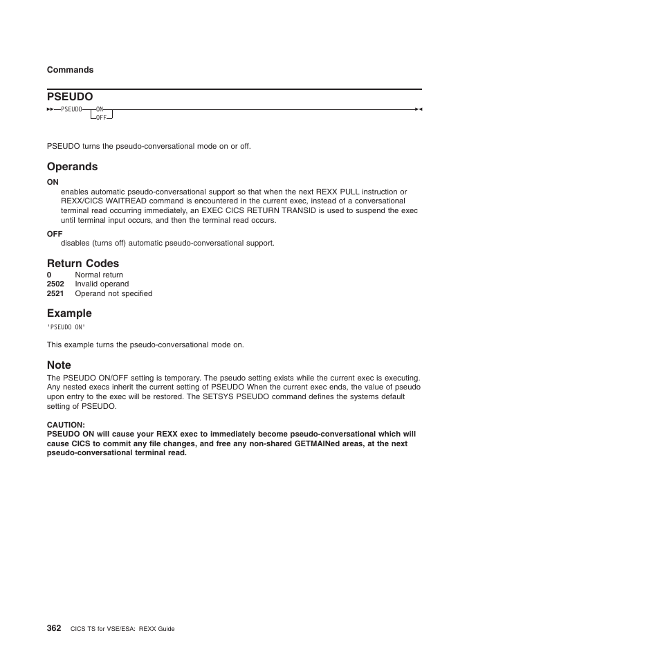 Pseudo, Operands, Return codes | Example, Note, Operands return codes example note | IBM SC34-5764-01 User Manual | Page 384 / 481