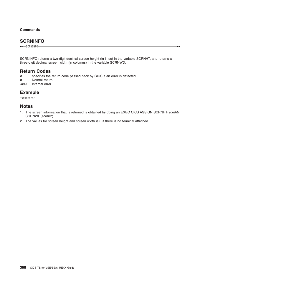 Scrninfo, Return codes, Example | Notes, Return codes example notes | IBM SC34-5764-01 User Manual | Page 390 / 481