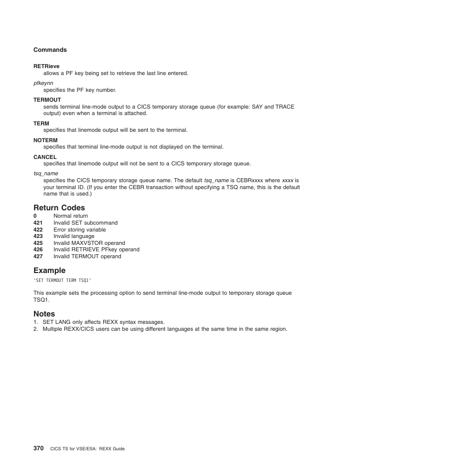 Return codes, Example, Notes | Return codes example notes | IBM SC34-5764-01 User Manual | Page 392 / 481