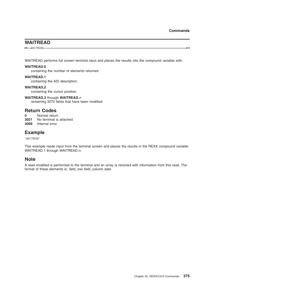 Waitread, Return codes, Example | Note, Return codes example note | IBM SC34-5764-01 User Manual | Page 397 / 481