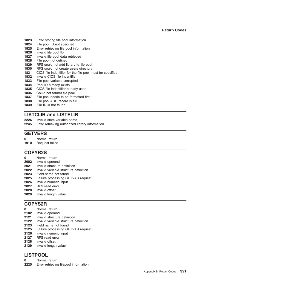 Listclib and listelib, Getvers, Copyr2s | Copys2r, Listpool | IBM SC34-5764-01 User Manual | Page 413 / 481