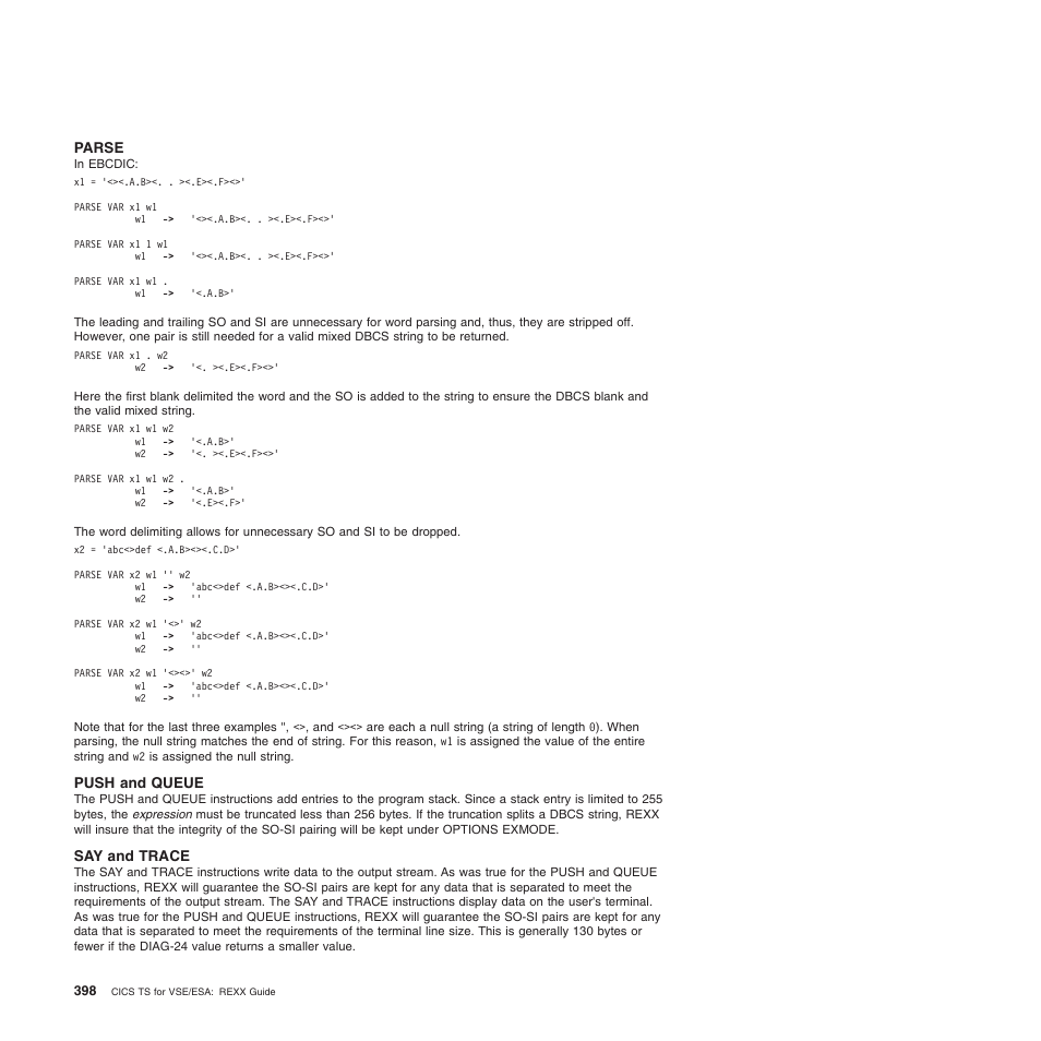 Parse, Push and queue, Say and trace | IBM SC34-5764-01 User Manual | Page 420 / 481