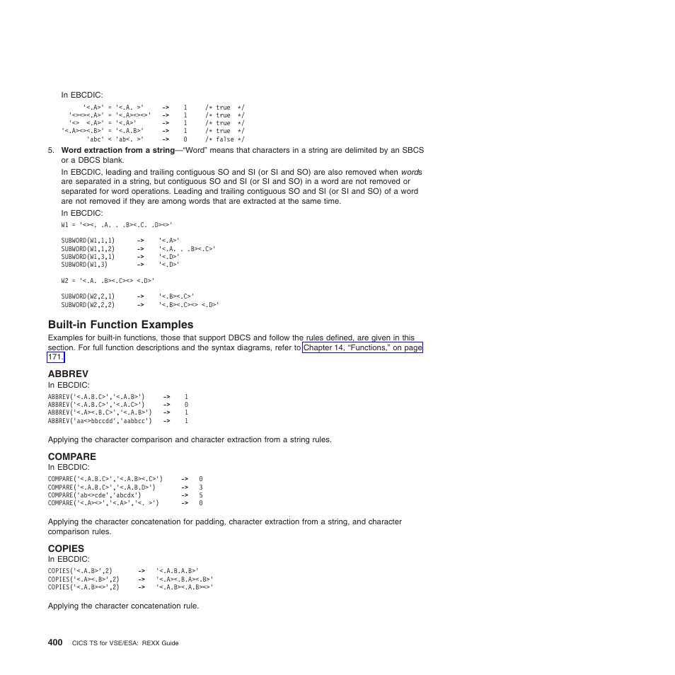 Built-in function examples, Abbrev, Compare | Copies | IBM SC34-5764-01 User Manual | Page 422 / 481