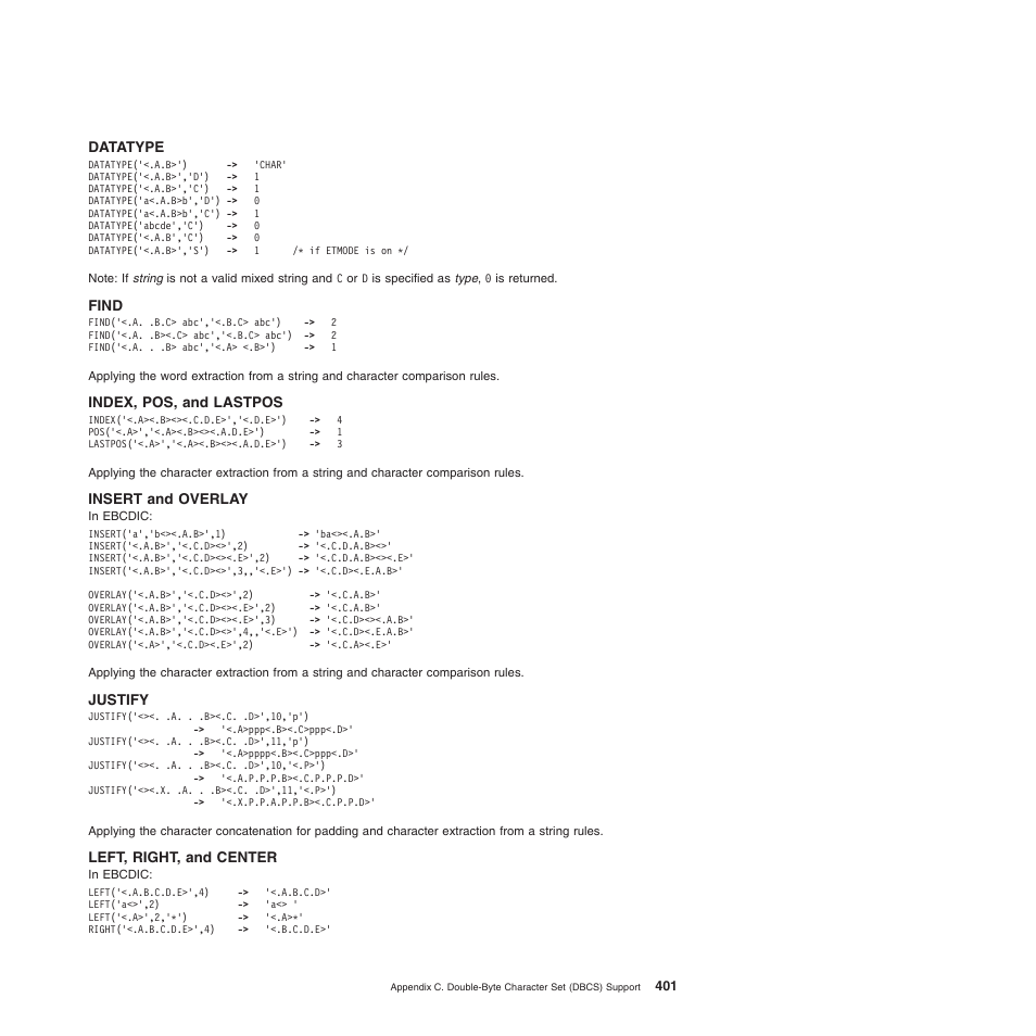 Datatype, Find, Index, pos, and lastpos | Insert and overlay, Justify, Left, right, and center | IBM SC34-5764-01 User Manual | Page 423 / 481