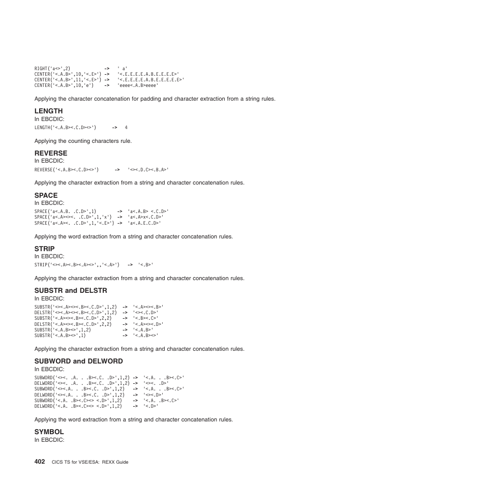 Length, Reverse, Space | Strip, Substr and delstr, Subword and delword, Symbol | IBM SC34-5764-01 User Manual | Page 424 / 481