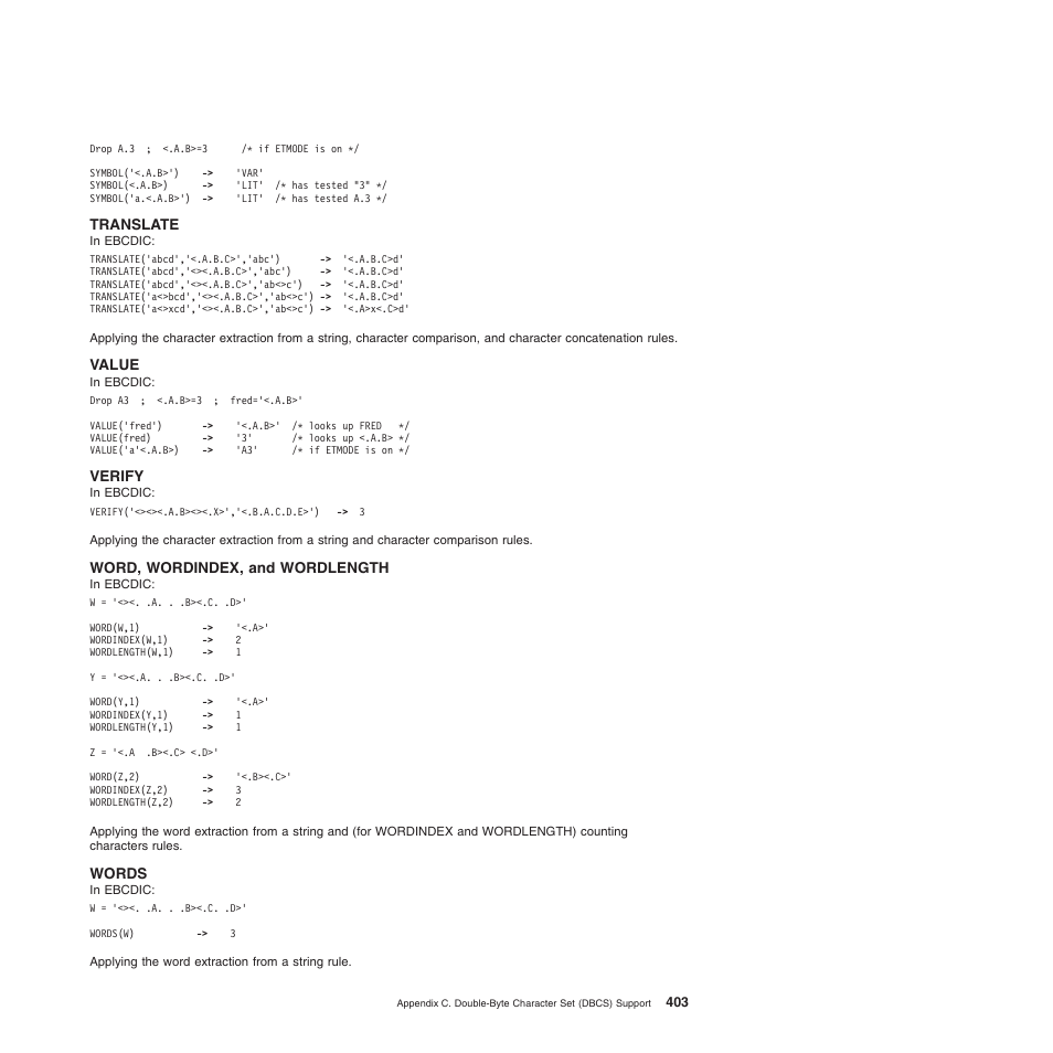 Translate, Value, Verify | Word, wordindex, and wordlength, Words | IBM SC34-5764-01 User Manual | Page 425 / 481