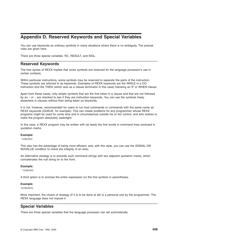 Reserved keywords, Special variables, Reserved keywords special variables | IBM SC34-5764-01 User Manual | Page 431 / 481