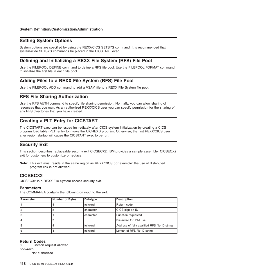 Setting system options, Adding files to a rexx file system (rfs) file pool, Rfs file sharing authorization | Creating a plt entry for cicstart, Security exit, Cicsecx2, Parameters, Return codes | IBM SC34-5764-01 User Manual | Page 440 / 481