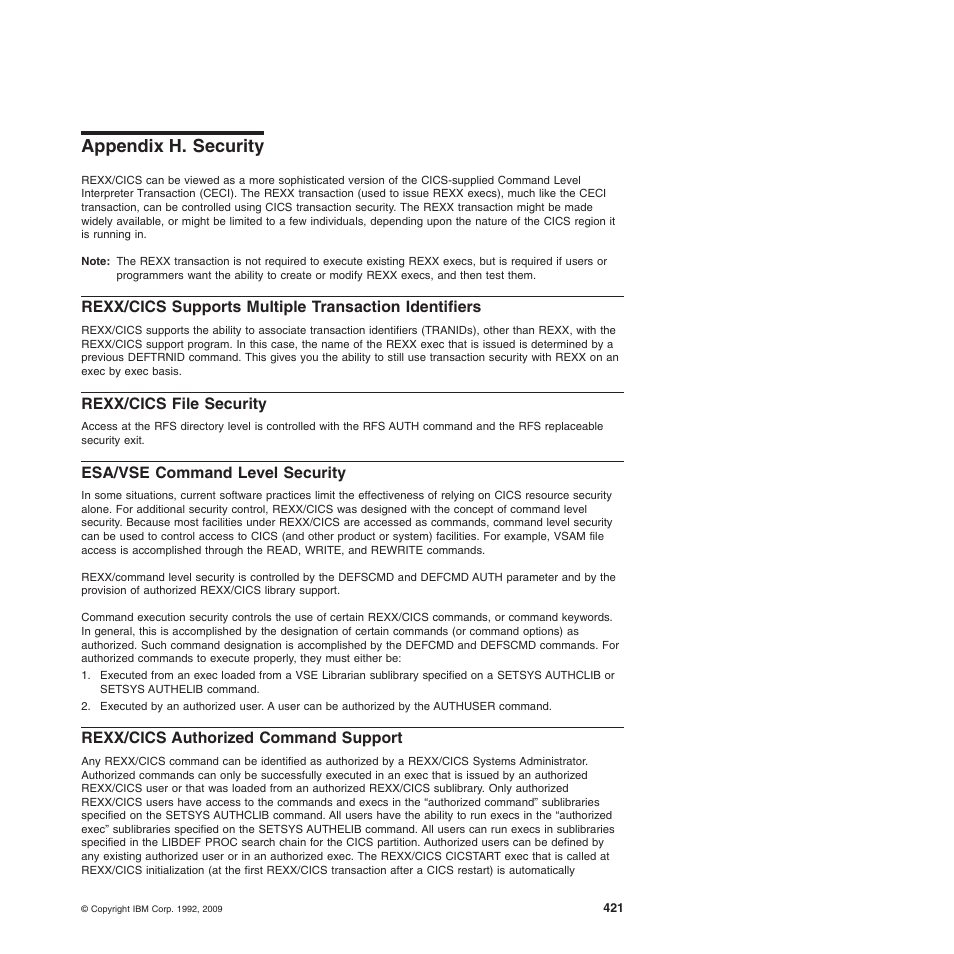 Appendix h. security, Rexx/cics file security, Esa/vse command level security | Rexx/cics authorized command support, Appendix h, “security | IBM SC34-5764-01 User Manual | Page 443 / 481