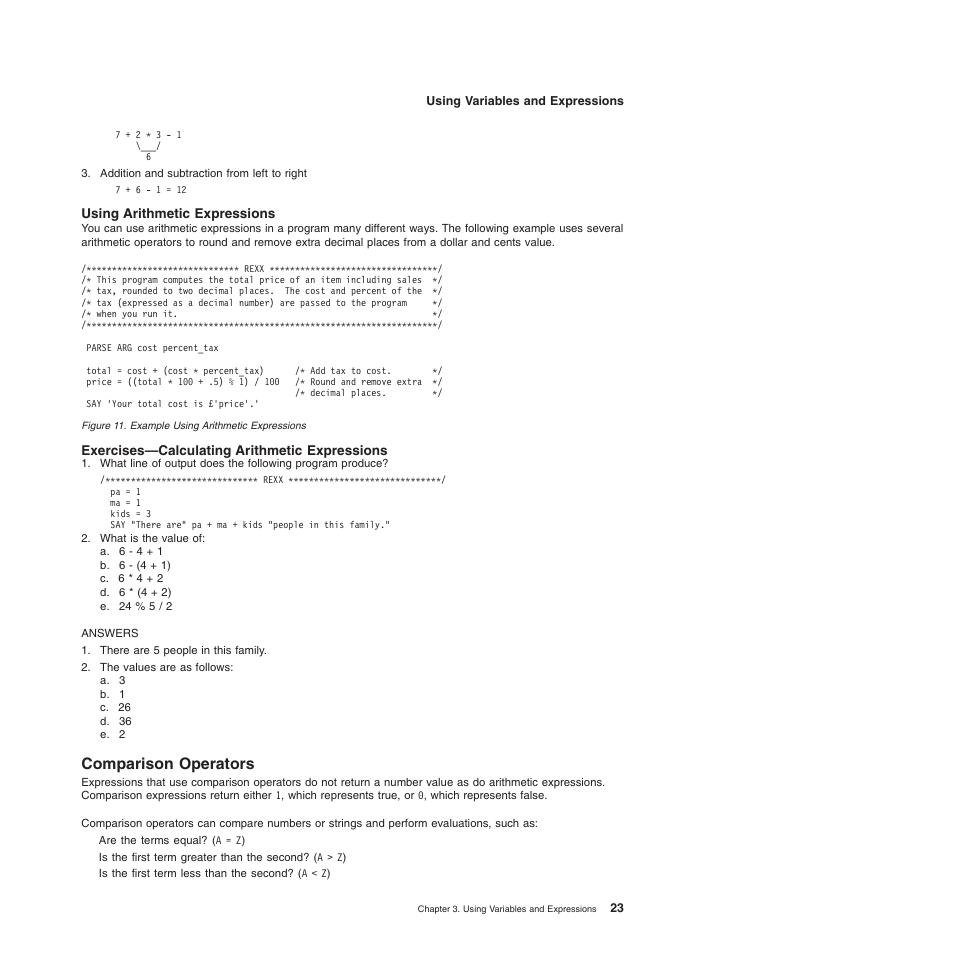 Using arithmetic expressions, Exercises—calculating arithmetic expressions, Comparison operators | IBM SC34-5764-01 User Manual | Page 45 / 481