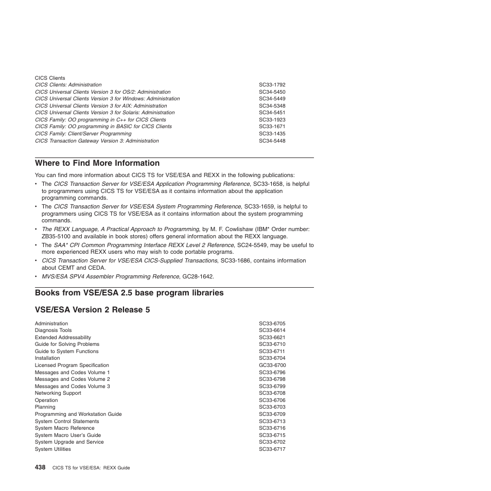 Where to find more information, Books from vse/esa 2.5 base program libraries, Vse/esa version 2 release 5 | IBM SC34-5764-01 User Manual | Page 460 / 481