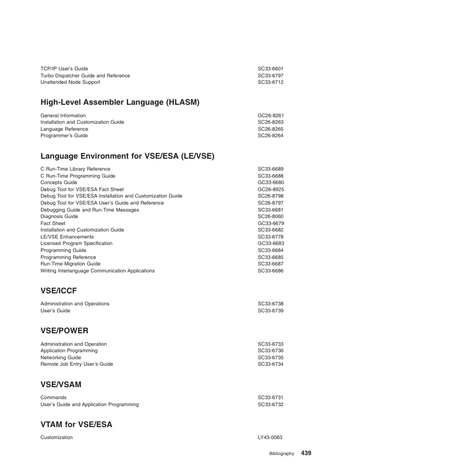 High-level assembler language (hlasm), Language environment for vse/esa (le/vse), Vse/iccf | Vse/power, Vse/vsam, Vtam for vse/esa, Vse/vsam vtam for vse/esa | IBM SC34-5764-01 User Manual | Page 461 / 481