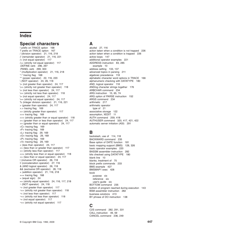 Index, Special characters, Index special characters | IBM SC34-5764-01 User Manual | Page 469 / 481