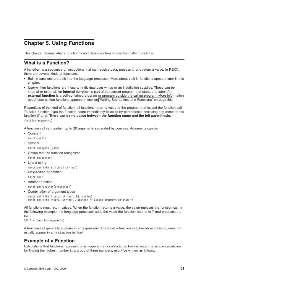 Chapter 5. using functions, What is a function, Example of a function | Chapter 5. using functions what is a function | IBM SC34-5764-01 User Manual | Page 73 / 481