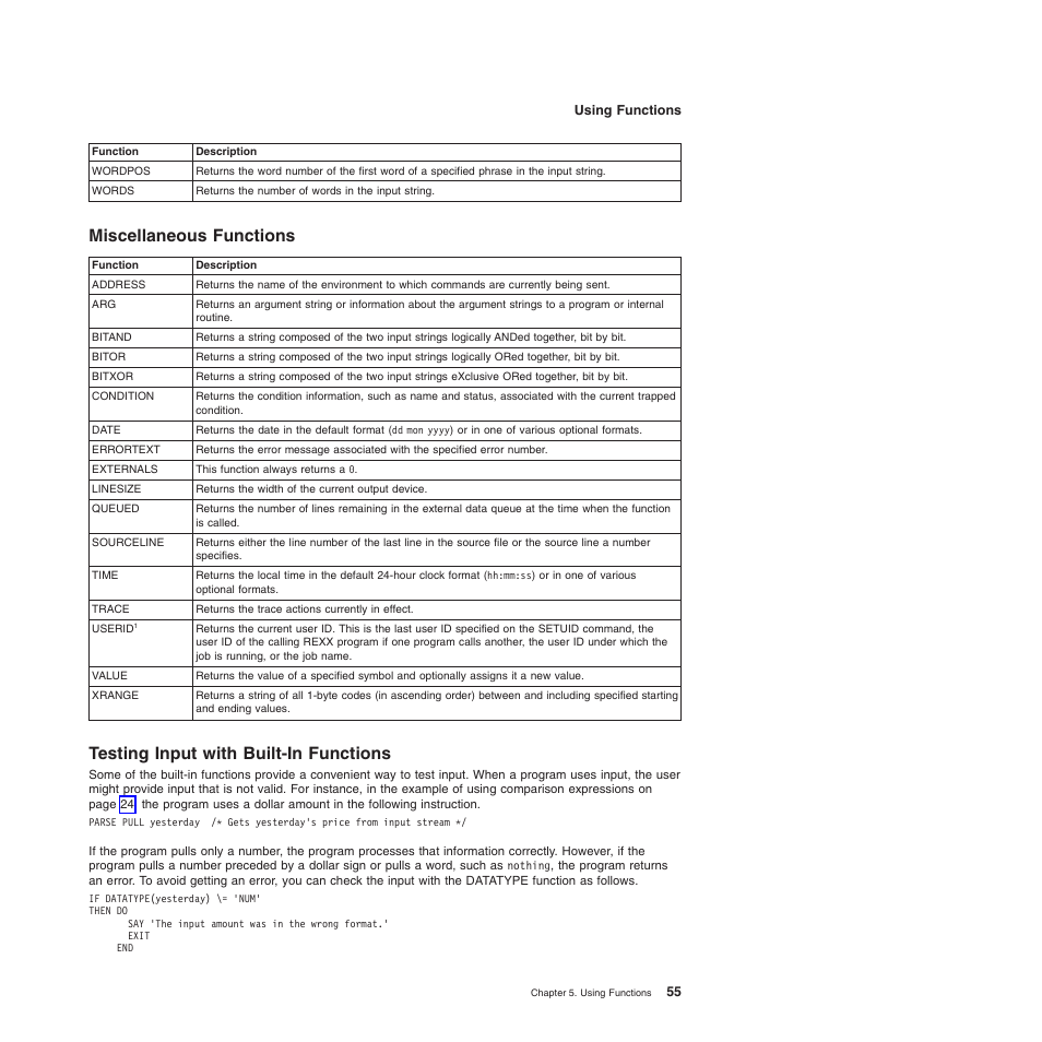 Miscellaneous functions, Testing input with built-in functions | IBM SC34-5764-01 User Manual | Page 77 / 481