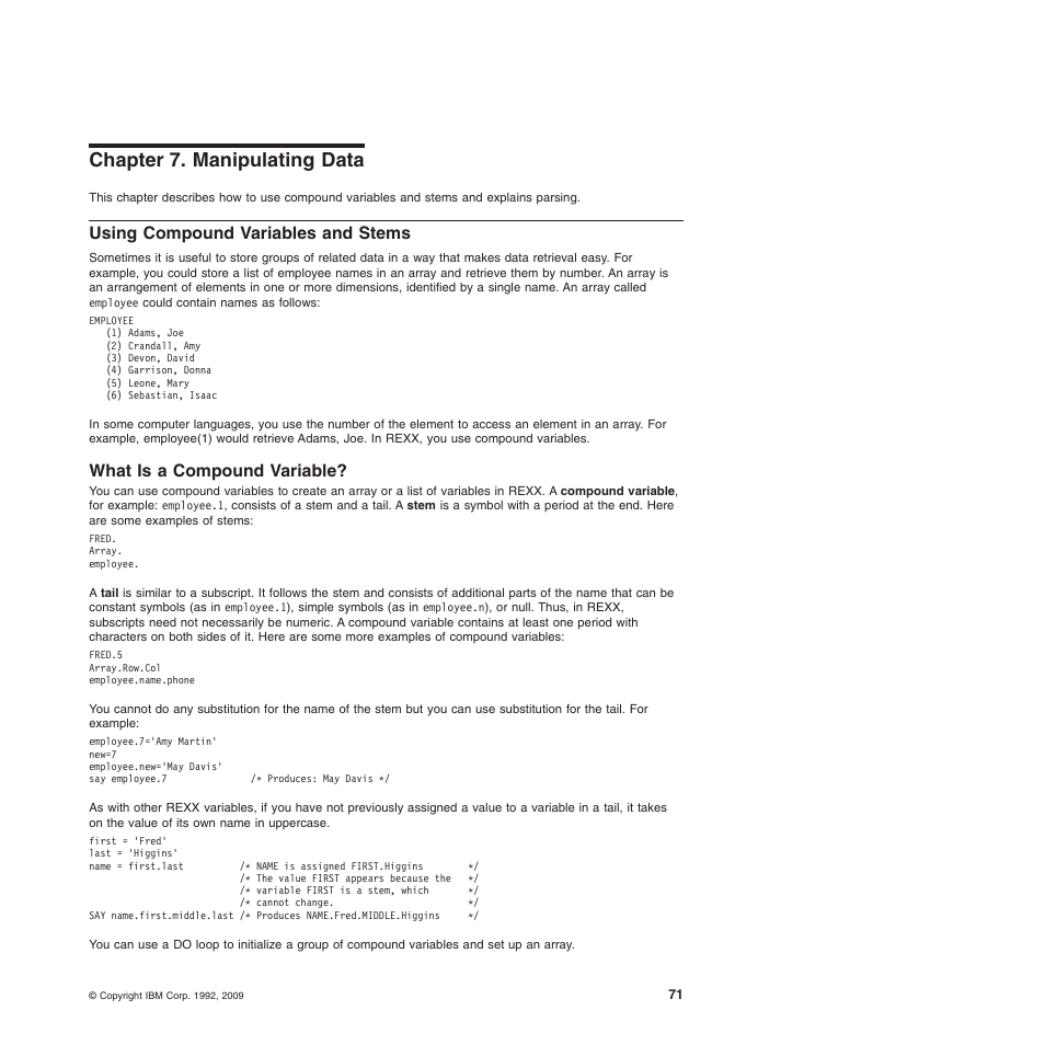 Chapter 7. manipulating data, Using compound variables and stems, What is a compound variable | IBM SC34-5764-01 User Manual | Page 93 / 481