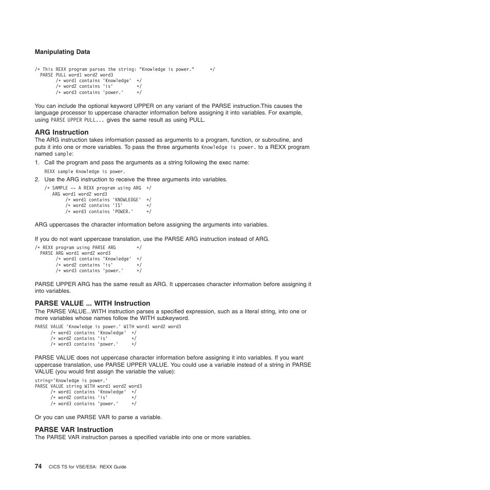 Arg instruction, Parse value ... with instruction, Parse var instruction | IBM SC34-5764-01 User Manual | Page 96 / 481
