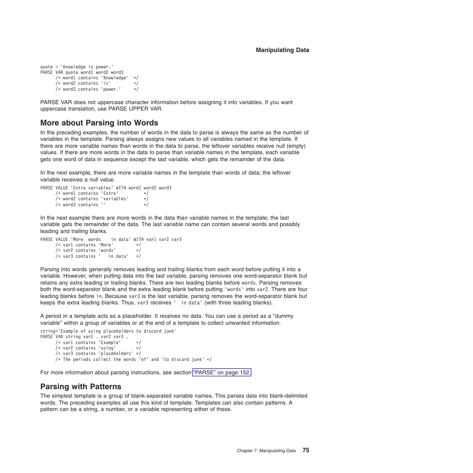 More about parsing into words, Parsing with patterns | IBM SC34-5764-01 User Manual | Page 97 / 481