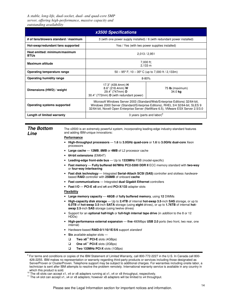 The bottom line, X3500 specifications | IBM X3500 User Manual | Page 14 / 16